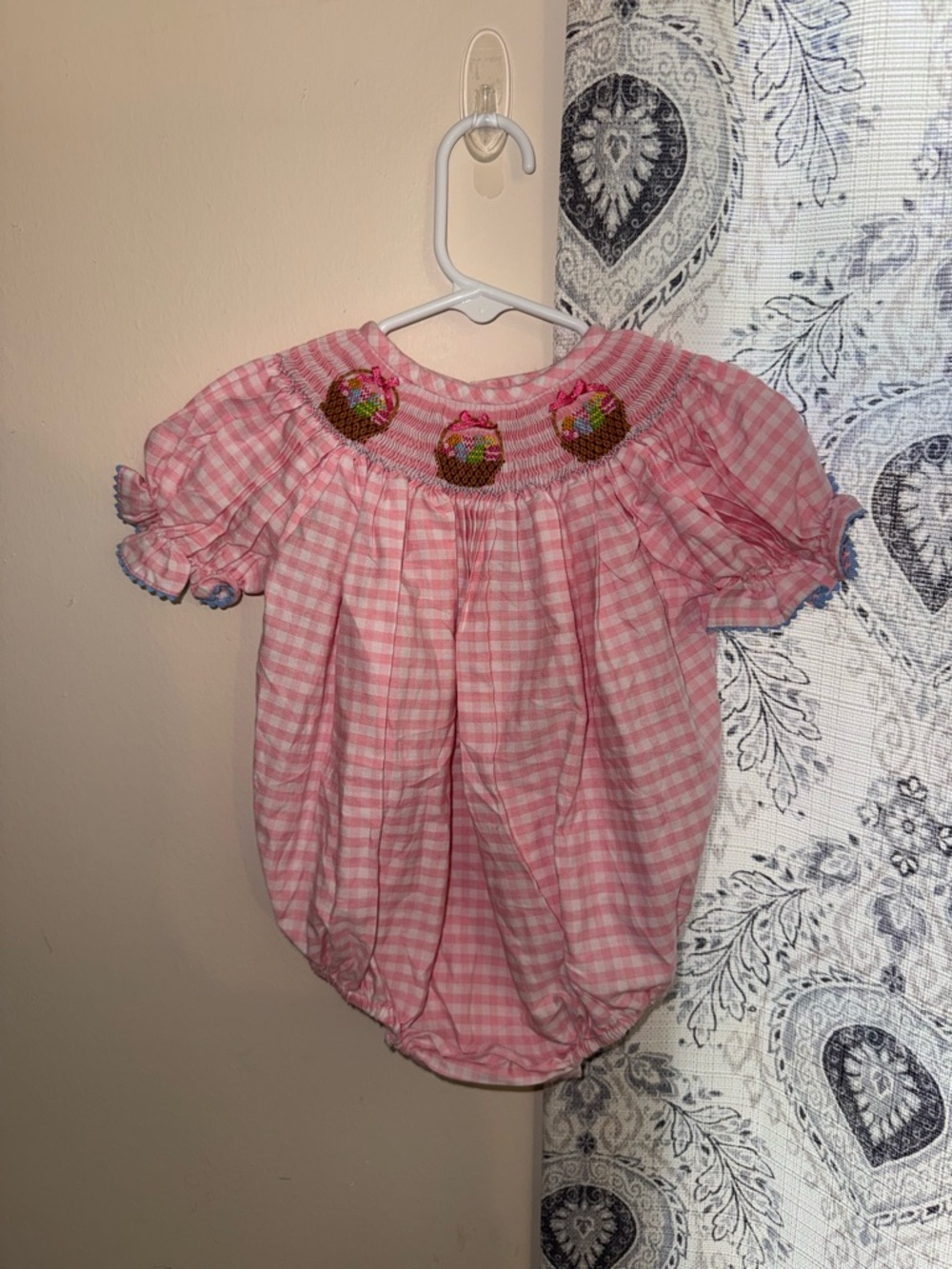 Pink Gingham Smocked Baby Bubble with Easter Baskets